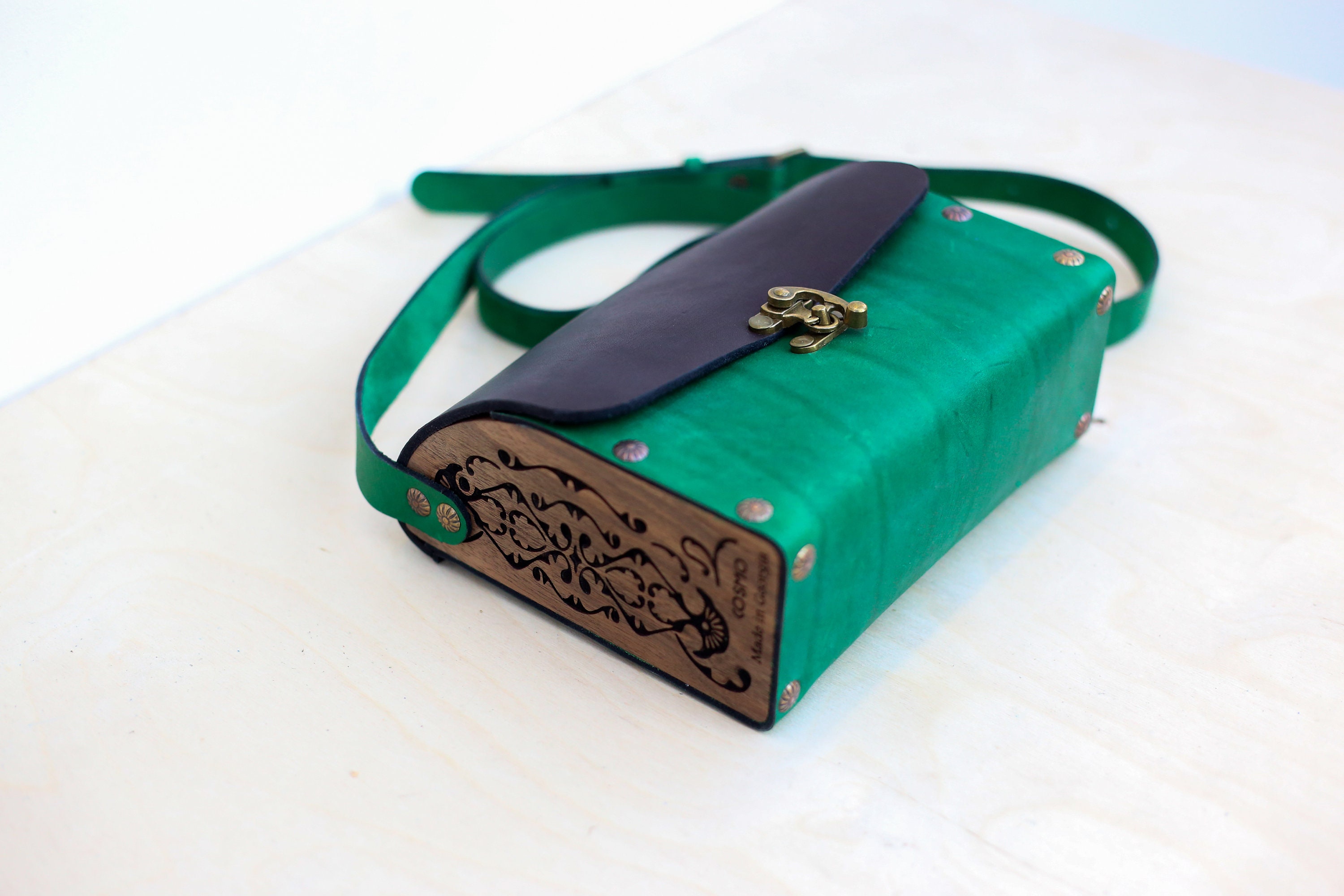 Handmade Leather Wood Genuine Leather Satchel Clutch Shoulder Etsy