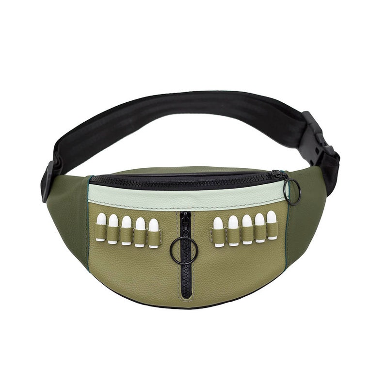 Leather fanny pack for women, Made of natural leather, Color is Green, Has 3 compartments, Two on front and one on the backside, With adjustable belt strap and quick release buckle