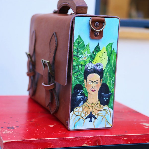 COSMO HANDMADE - Leather Briefcase Bag with Frida Kahlo Print - Stylish and Functional
