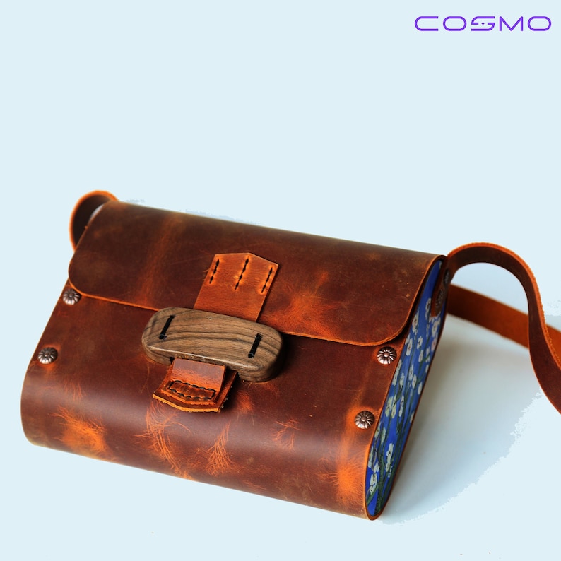 COSMO HANDMADE Van Gogh Inspired Leather Purse with wooden details Handcrafted Crossbody Bag image 1