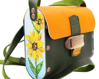 COSMO HANDMADE - Sunflower Leather Crossbody Bag for Women - Handpainted Small Sling Purse