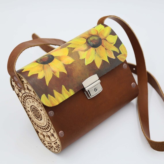 Sunflower Painting, Hand Painted Designer Bags, Gift for Her, Women's Crossbody Bags & Handbags, Leather and Wood Projects