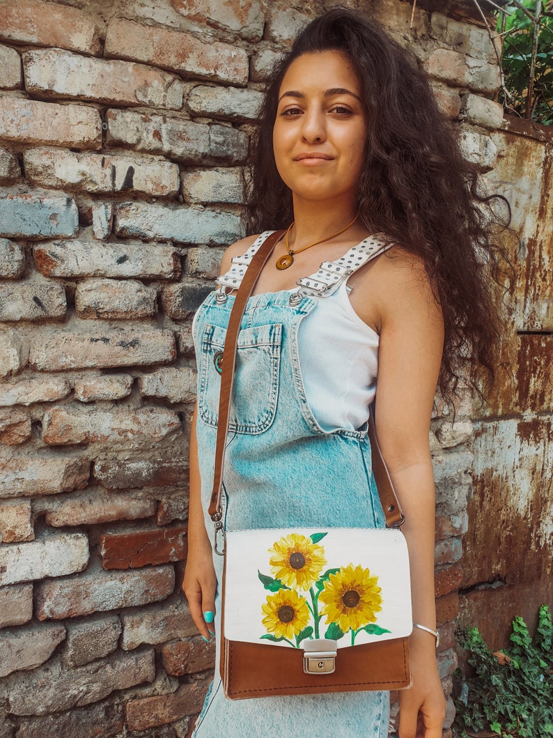 Cross Body bag handpainted shoulder crossbody purse Sunflower Painting