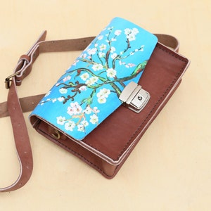 COSMO HANDMADE Vincent van Gogh-inspired Leather Crossbody Bag with Cherry Blossom Painting painted with Acrylic Paint image 1