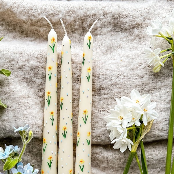 Hand Painted Daffodil Taper Candle, hand painted candles, Spring Decor, dinner candles, Daffodil Meadow, taper candles, Floral design