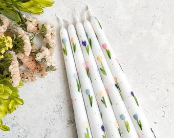 Hand Painted Tulips Tapers Candles, hand painted candles, Home Decor, dinner candles, candles, taper candles, Floral design, candlesticks