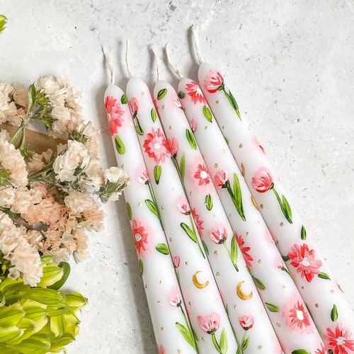 CUSTOM Hand Painted Floral Taper Candles Etsy