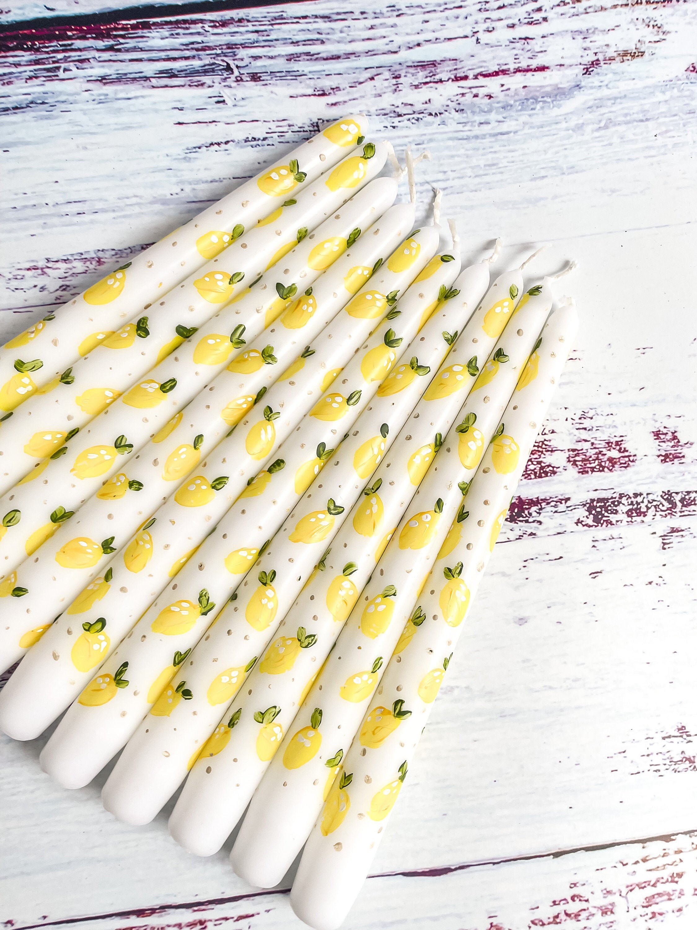 Bougies Frotées Au Citron Peintes à La Main, Bougies de Dîner, Bistrot, Coniques, Conception Illustr