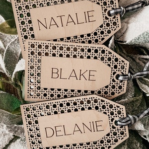 Christmas Stocking Tag-Personalized Christmas Name Tags-Stocking Tags-Wood Stocking Tags-Christmas Ornament-Rattan-Cane-Gift Tag