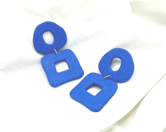Blue Statement Earrings, Handmade Textured Earrings, Artsy Polymer Clay Jewelry, Unique Chic Earrings Dangle, Lightweight Earrings for Women