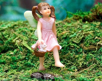 Fairy with Bunny Basket | Little Kim World Fairy Garden | Tiny Fairy Sets | Miniatures for Yard, Flower Bed, Planter, Terrarium