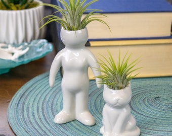 White Ceramic Woman and Cat Shaped Planters with Live Tillandsia Air Plants | Cat Mom | Indoor Air Plants with People and Pet Holders