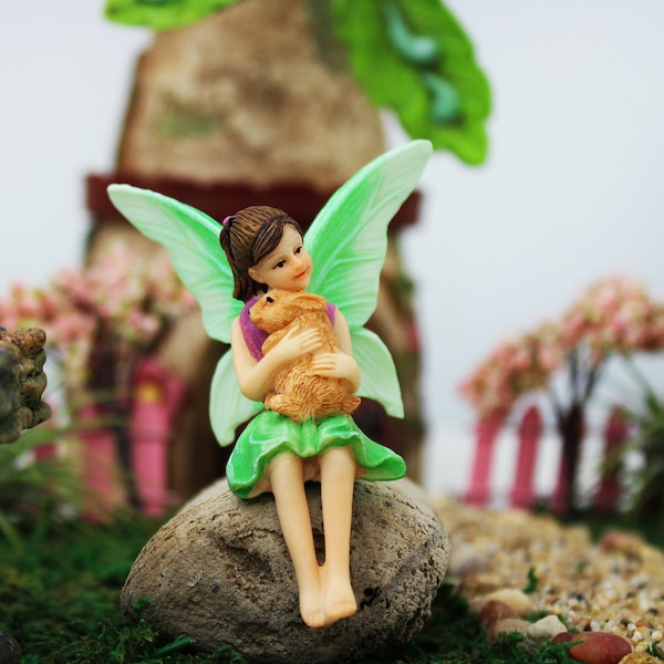 Sitting Fairy With Bunny, Resin Fairy Garden Accessories, Miniature Garden Figurines, Terrarium Adorns, Patio Decor, Lawn Decoration