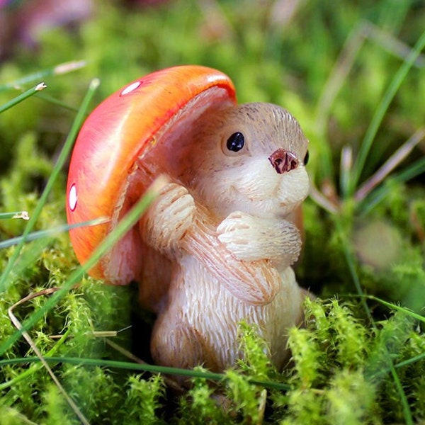 Bunny with Mushroom Umbrella | Little Kim World Fairy Garden Miniature Animal | Small Accent Figure for Pot, Planter, Terrarium, Flower Bed