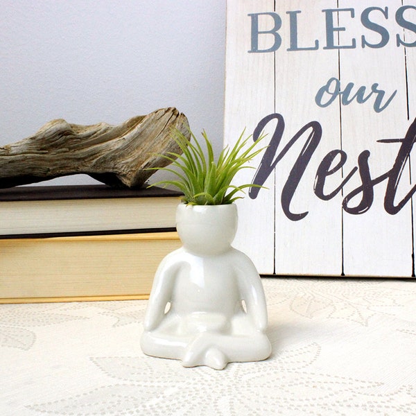 Meditating Person in Pot in White Ceramic with or without Air Plants - Air Plant Fertilizer Optional - Indoor House Live Plant, Aerial Plant