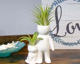 Ceramic Person with Cat Planter with or without Live Tillandsia Air plants - Air Plant Fertilizer Optional - Paw Friends Gift - Indoor Plant