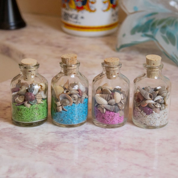 Beach in a Bottle, Sand and Seashell Mini Arrangement - Set of 4 Mini Glass Jar and Indian Shells, Beach Decor, Small Gifts, Party Favors