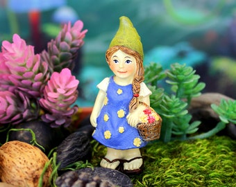 Lady Gnome with Basket | Little Kim World Fairy Garden Miniature | Small Accent Figure for Potted Arrangement, Terrarium, Planter, Yard