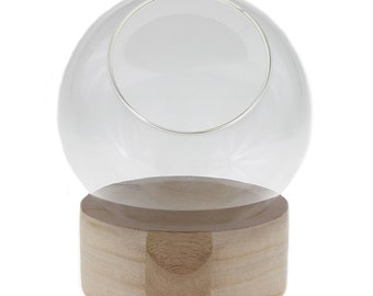 May include: A clear glass globe terrarium with a wooden base. The globe is round and has a wide opening at the top. The base is made of natural wood and has a smooth finish.