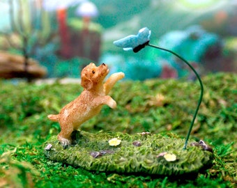 Puppy Catching Butterfly | Little Kim World Fairy Garden | Tiny Fairy Sets | Miniatures for Yard, Flower Bed, Planter, Terrarium