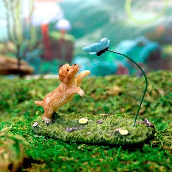 Puppy Catching Butterfly | Little Kim World Fairy Garden | Tiny Fairy Sets | Miniatures for Yard, Flower Bed, Planter, Terrarium