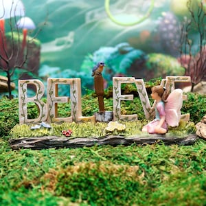 May include: A miniature fairy garden scene with the word "BELIEVE" spelled out in white letters with green vines. A small blue bird figurine sits on a miniature shovel, and a fairy figurine with pink wings sits next to the word.