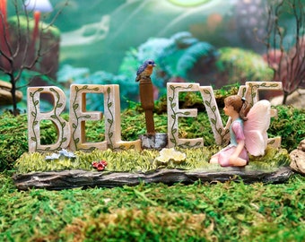 Fairy Garden "Believe" Sign | Little Kim World Fairy Garden | Tiny Fairy Sets | Miniatures for Yard, Flower Bed, Planter, Terrarium