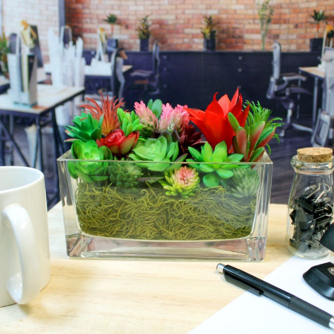 Artificial Succulent Centerpiece Arrangement in a Glass Rectangular