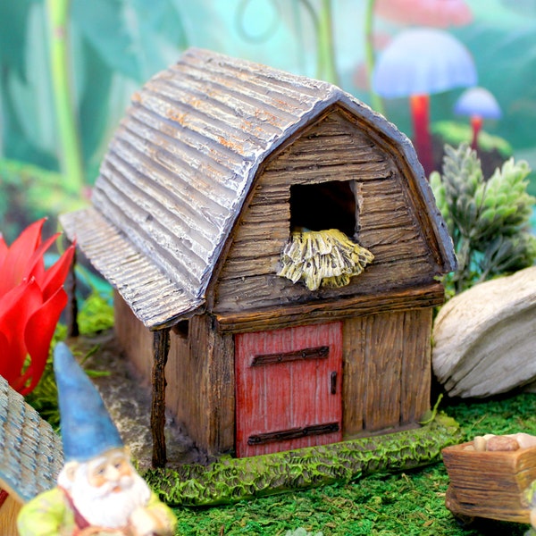 5.75" Brown Resin Barn House with Working Door for Fairy and Gnome Garden - Optional LED Lights, Fairy Garden Home, Fairy Garden Accessories