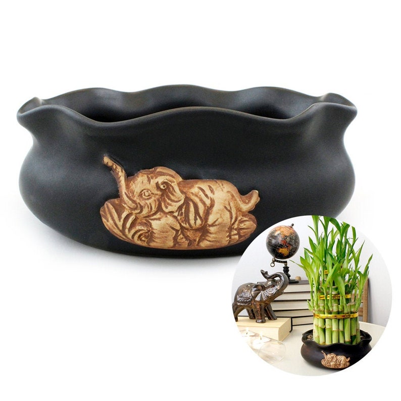 Black Ceramic Elephant Pot Lucky Bamboo Planter Feng Shui Etsy