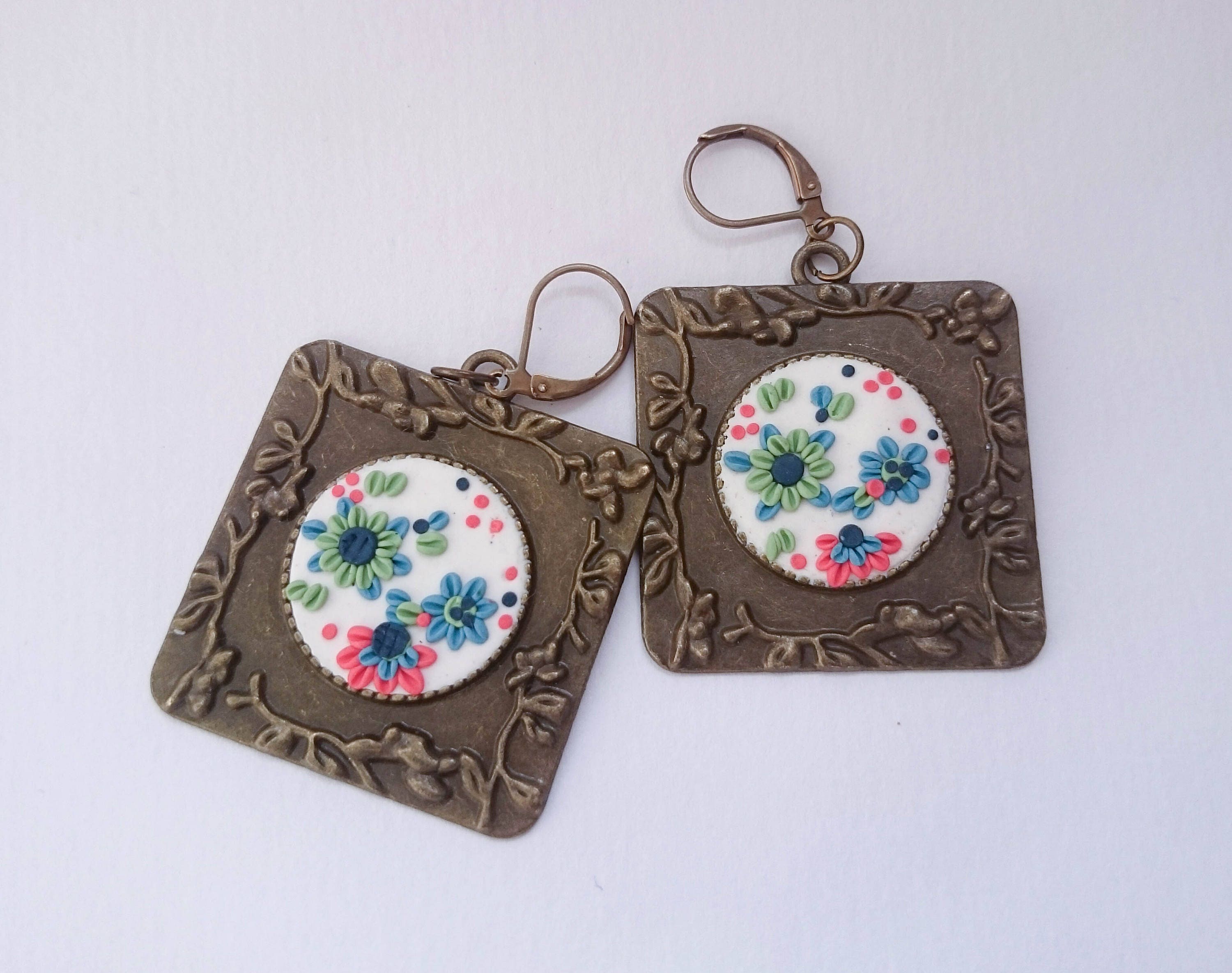 Embroidery earrings/Pastel flower earrings /Spring flower Etsy