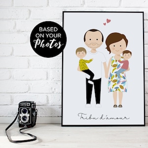 Gepersonaliseerde familieportret, koppelportret, familieillustratie met dieren, huwelijks- of Valentijnsdagcadeau