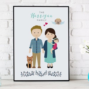 Custom family drawing as housewarming gift, Custom portrait with pets, personalised mother's day gift idea, family illustration
