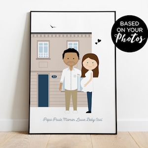 Portrait de famille personnalisé en dessin parfait comme cadeau de crémaillère, Illustration de maison