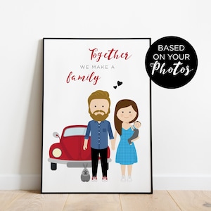 Ritratto di famiglia personalizzato, illustrazione con bambini, regalo per un battesimo, una comunione, un compleanno o un matrimonio