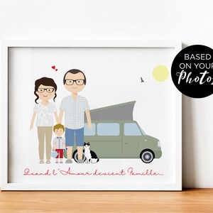 Personalisiertes Familienposter basierend auf Ihren Fotos, perfekt als Schwangerschaftsankündigung oder Geburtsgeschenk. Familienzeichnung für Papa