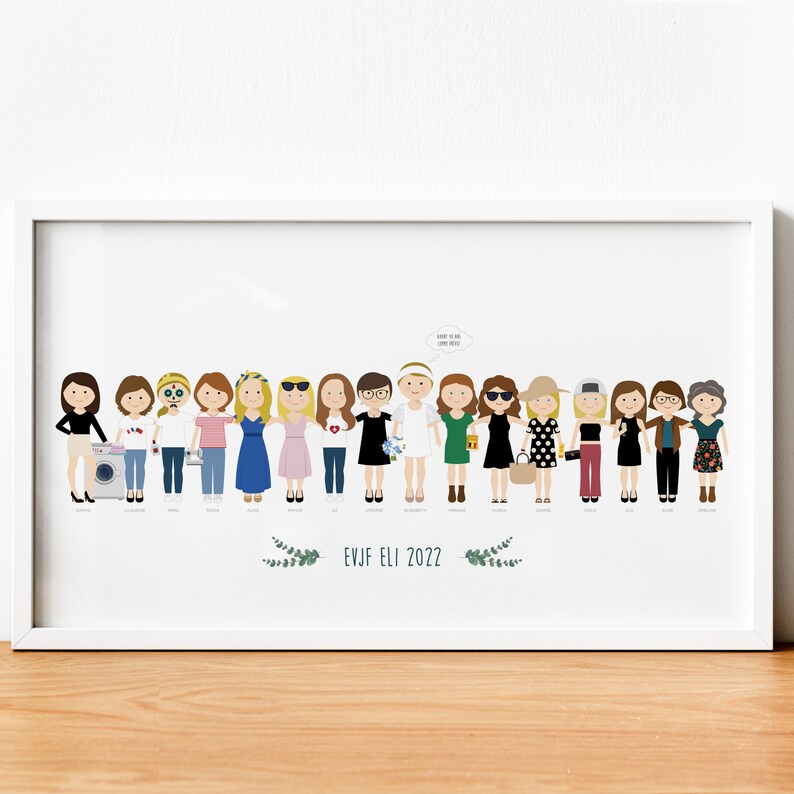 May include: A framed illustration of 16 women standing in a line. Each woman is wearing different clothing and accessories. The text "EVJF ELI 2022" is at the bottom of the illustration.
