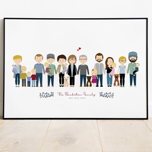May include: A digital illustration of a family portrait with 10 people and two dogs. The family is standing in a line, holding hands. The illustration is in a white frame with the text "The Bankston Family May 12th, 2019" at the bottom.