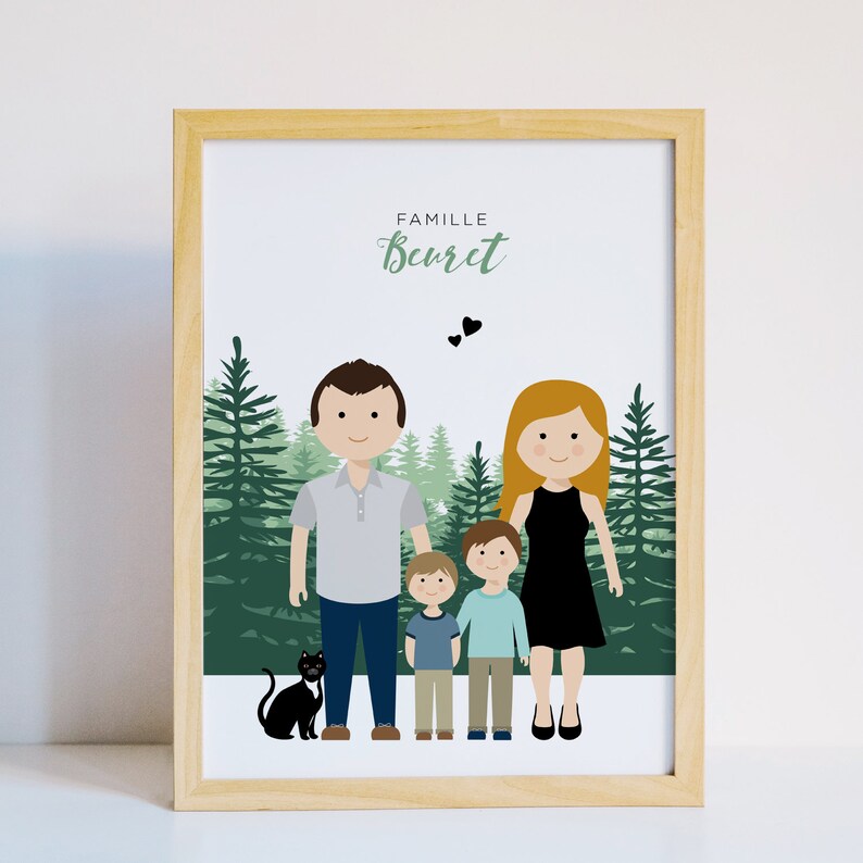 Dessin de famille personnalisé, Idée cadeau pour un baptême, faire part mariage, illustration animaux, dessin de couple pour saint valentin image 3