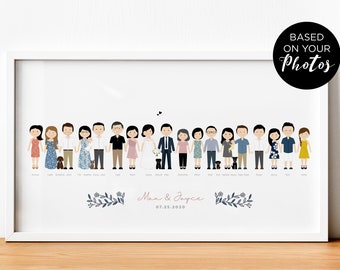 Custom family portrait illustration, family reunion. Custom portrait based on your photos. Anniversary gifts for husband