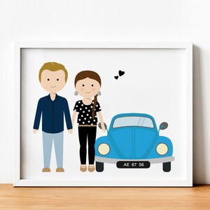 May include: A cartoon illustration of a couple standing in front of a blue Volkswagen Beetle with a license plate that reads "AE 67 56".