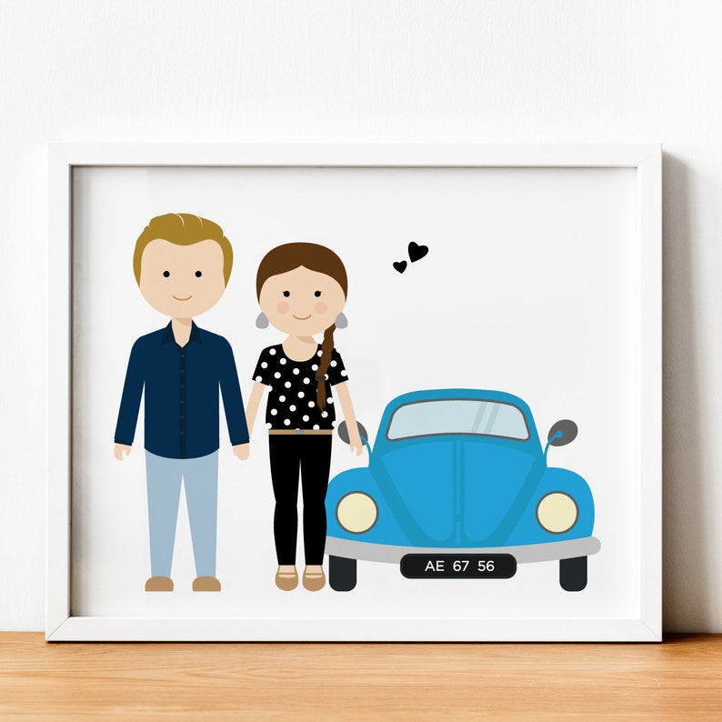 May include: A cartoon illustration of a couple standing in front of a blue Volkswagen Beetle with a license plate that reads "AE 67 56".