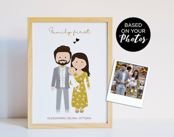 Portrait de famille personnalisé pour la fête des pères, Illustration de famille avec enfants, idée cadeau pour mariage ou crémaillère