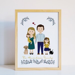 May include: A framed illustration of a family with two children, a dog, and a cat. The family is standing in front of a white background with a floral design. The text "The Henrikson Family" is written below the family.