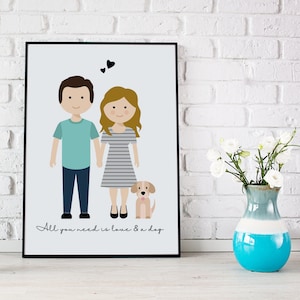 Portrait de famille personnalisé, portrait de couple, illustration de famille avec les animaux, cadeau de mariage, cadeau d'anniversaire