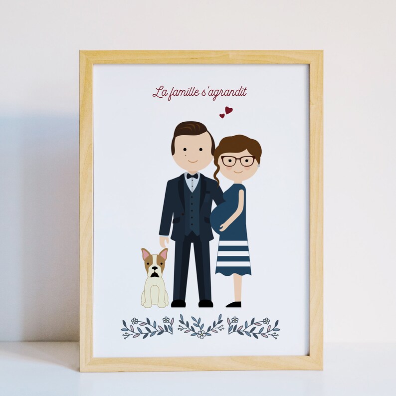 Dessin de famille personnalisé, Idée cadeau pour un baptême, faire part mariage, illustration animaux, dessin de couple pour saint valentin image 4