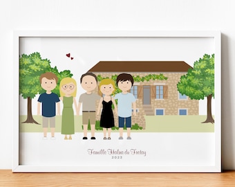 Personalized family portrait with house illustration, drawing of couple with house as a housewarming gift