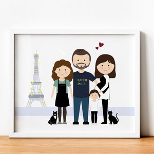 May include: A digital illustration of a family of four in front of the Eiffel Tower. The parents are holding hands, and the mother is pregnant. The father is wearing a blue shirt with the words "Super Papa" on it. The family is surrounded by hearts and stars.