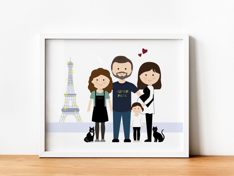 May include: A digital illustration of a family of four in front of the Eiffel Tower. The parents are holding hands, and the mother is pregnant. The father is wearing a blue shirt with the words "Super Papa" on it. The family is surrounded by hearts and stars.