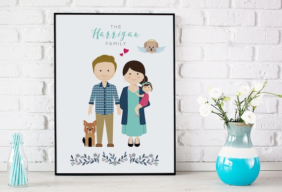 Ritratto di famiglia personalizzato, ritratto con animali, regalo personalizzato per la festa della mamma, per un compleanno o un matrimonio
